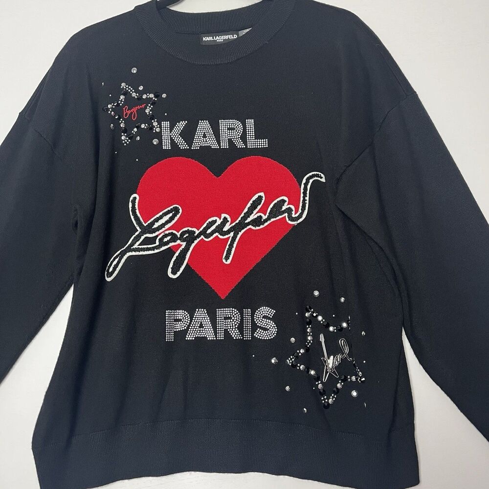 KARL LAGERFELD PARIS Black Whimsy Heart Embellished Sweater Size L
